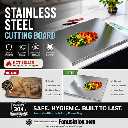 304 Stainless Steel Cutting Board – double-sided, hygienic, moisture-resistant & easy to clean. Say goodbye to stains & odors!