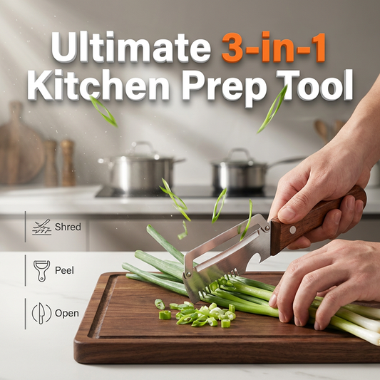 🧄 LIMITED-TIME 50% OFF! ⚙️ 3-in-1 Scallion Shredder & Peeler – Stainless Steel, Multi-Tool, Wood Handle ✨