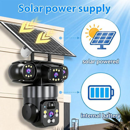 🎉 2026 Sale — Over 32600 Sold! ⏳ Solar Powered 3-Lens WiFi Security Camera｜360° PTZ, 8MP Full Color Night Vision 🛡️✨